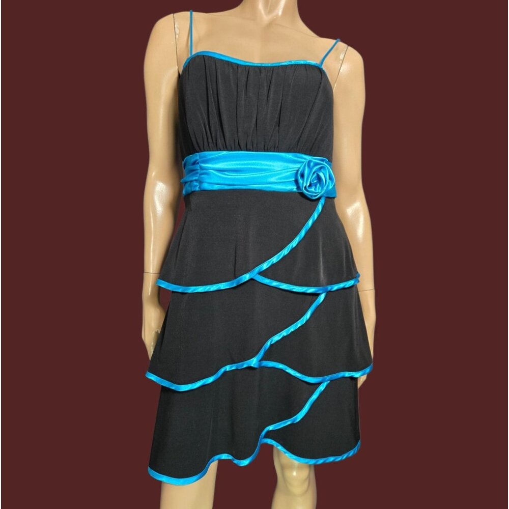 Y2K Prom Party Dress Size 12 Black Blue Satin Spaghetti Strap Rosette Tiered